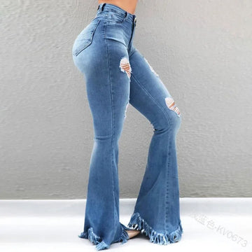 MQTIME  - Women Ripped Vintage Fashion All-match Slim Pants  Ladies Denim Flare Jeans Denim Skinny Female Wide Leg Hole Trousers Pop